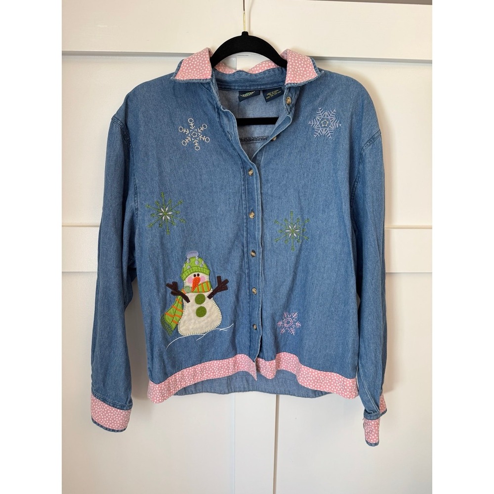 Lighthouse apparel snowman denim button front with back design size medium EUC‎